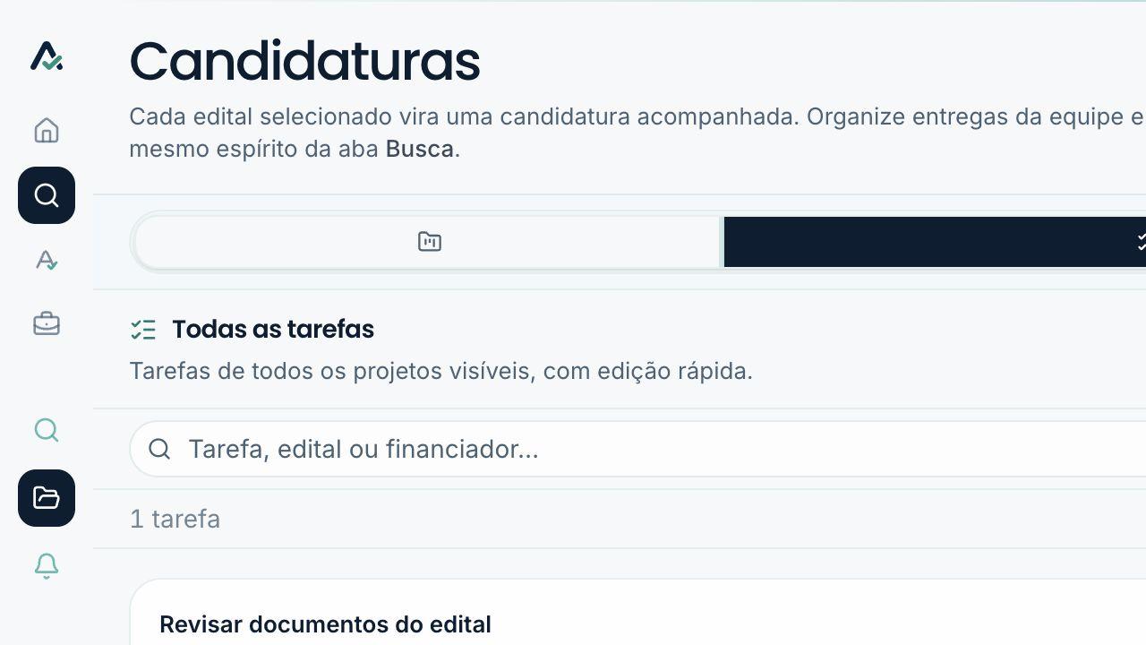 Interface do AltEditais com as tarefas das candidaturas