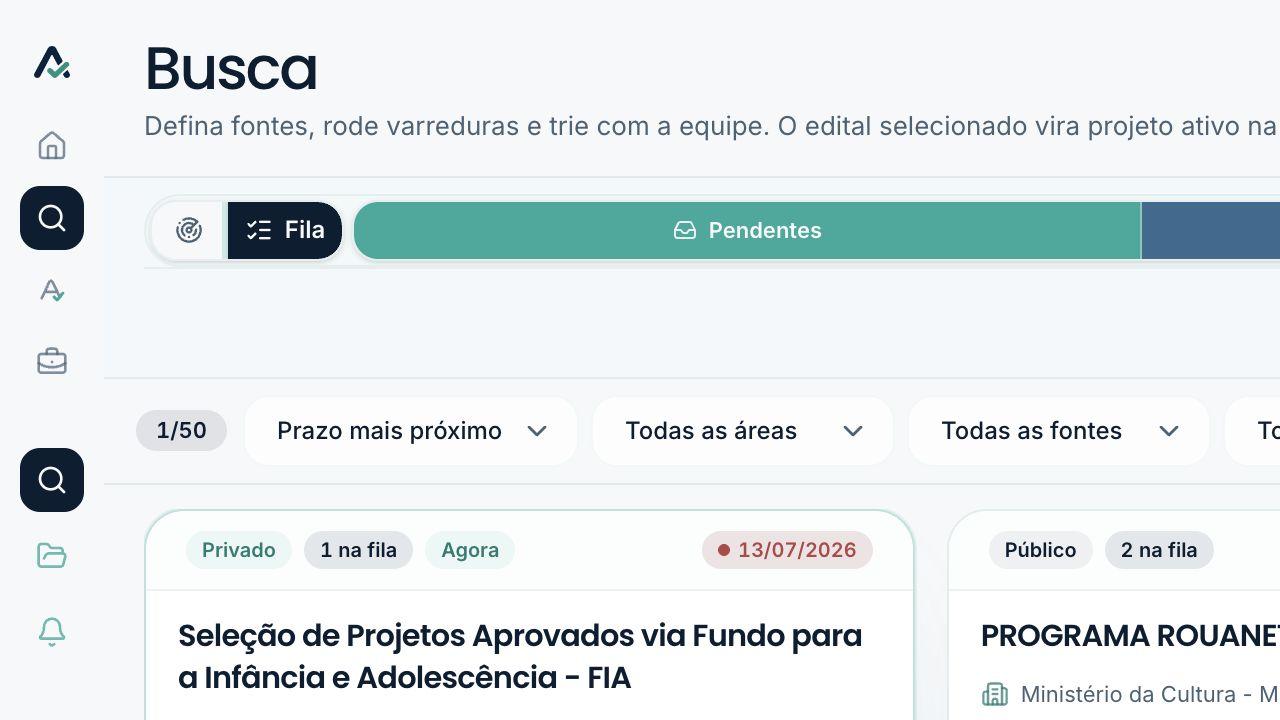 Interface do AltEditais com a fila priorizada de editais