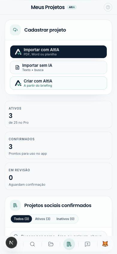Interface do AltEditais no celular com a biblioteca de projetos