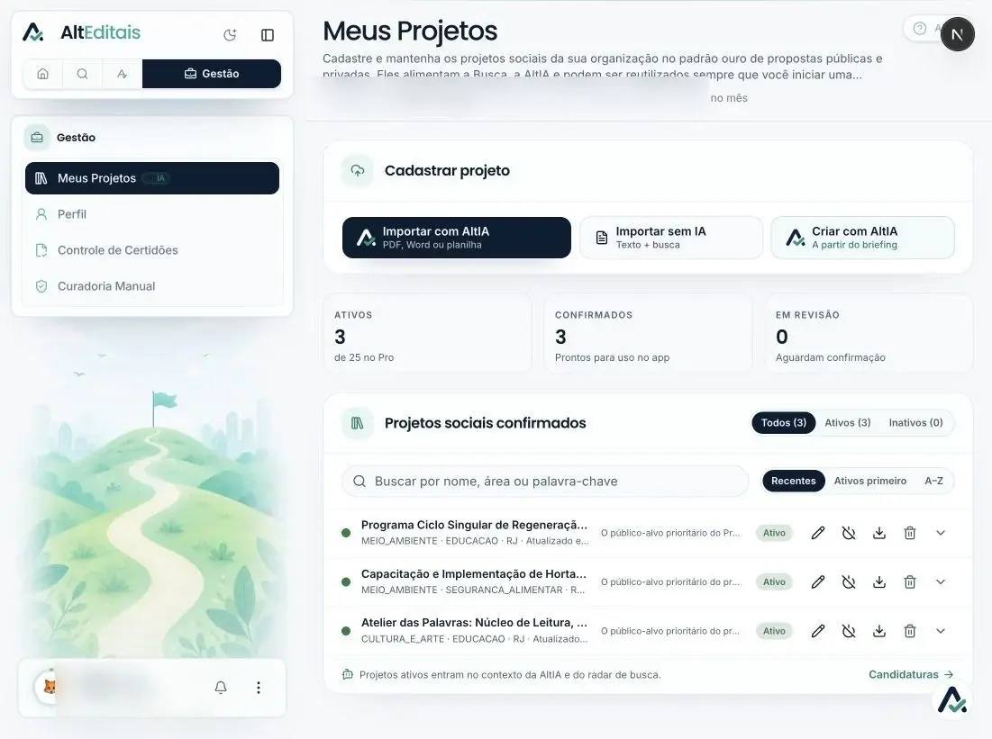 Interface do AltEditais com a biblioteca de projetos
