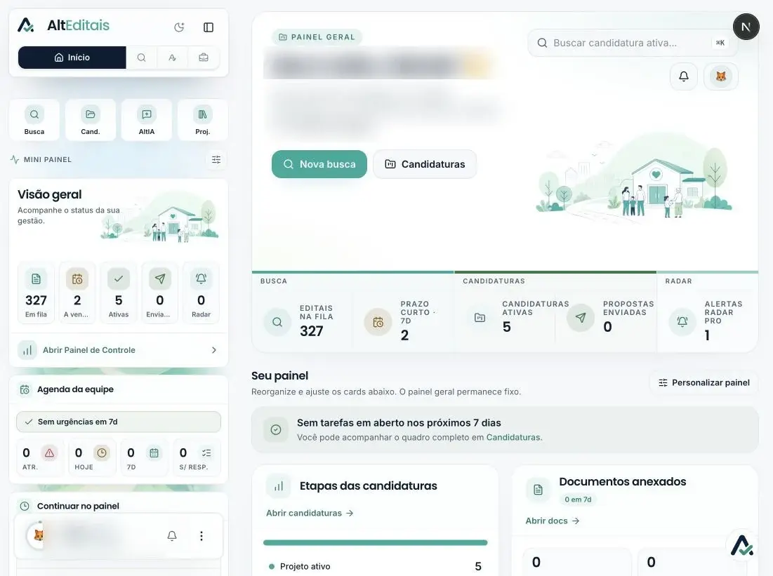 Interface do AltEditais com a visão geral da captação