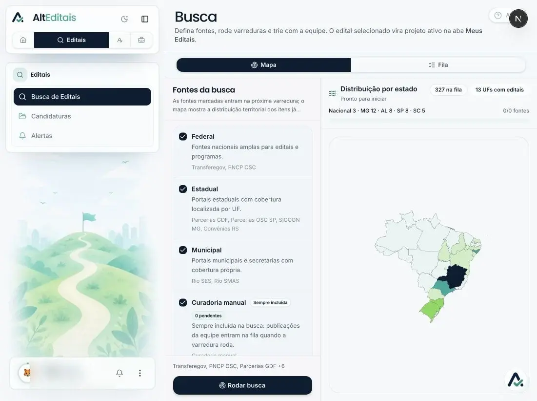 Interface do AltEditais com o mapa da busca de editais