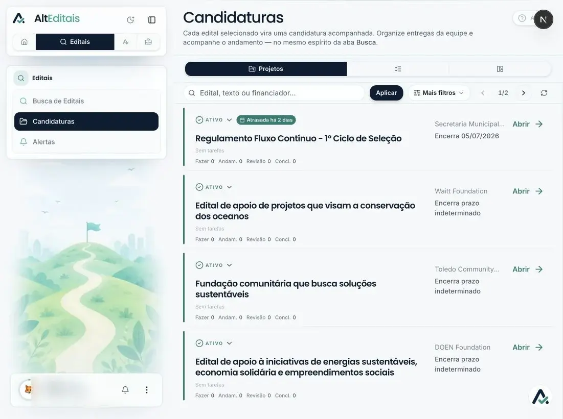 Interface do AltEditais com candidaturas e prazos