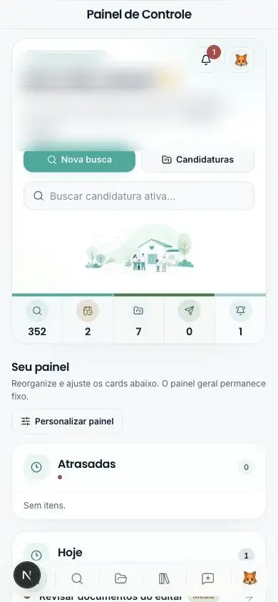 Interface do AltEditais no celular com o painel da organização