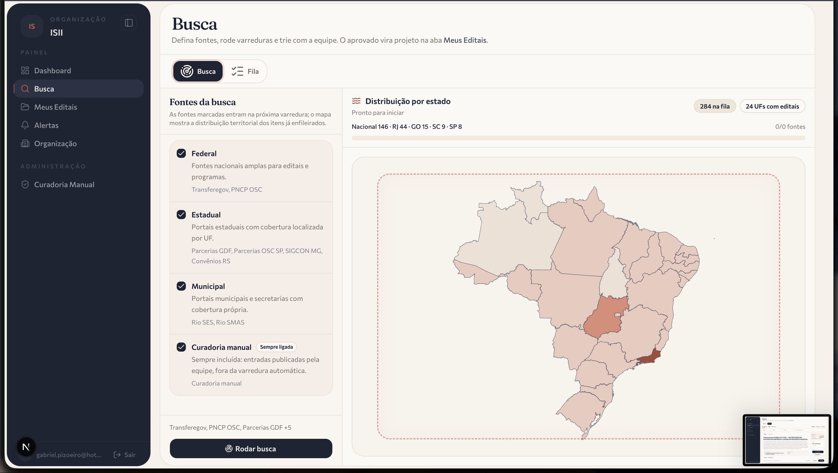 Tela da busca da AltEditais com mapa do Brasil e distribuição territorial das fontes monitoradas